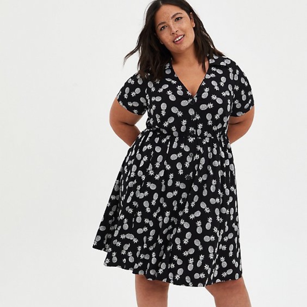 SHIRT DRESS - CHALLIS BLACK PINEAPPLE